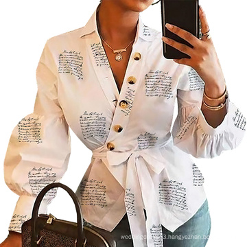 Elegant Lantern Long Sleeve with Sashes Button Printed Female Casual Blouse